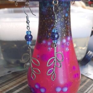 Handmade Silver Leaf Drop Earrings with Blue Beads - Women Jewelry
